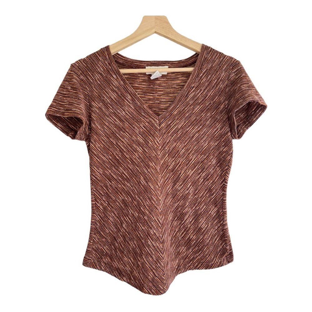 Vintage 90s Express Tricot V-neck Brown Multi Colored Striped Shirt Top